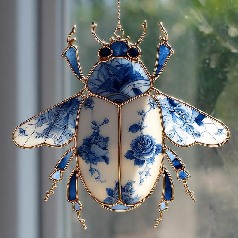 Beetle Suncatcher, Chinoiserie Insect Art, Delftware Style Scarab ...