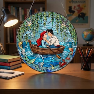Atrapasueños de Ariel y Eric, arte de La Sirenita, arte de la escena "Besa a la chica", adorno para ventana de pareja Disney, regalo romántico de boda, regalo Disney