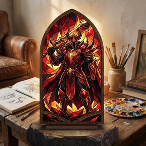 Skyrim Inspired Suncatcher Candle Holder, Dragonborn Demon Knight Art, Red Hellfire, Elder Scrolls RPG Gift for him, Daedric Armor Desk
