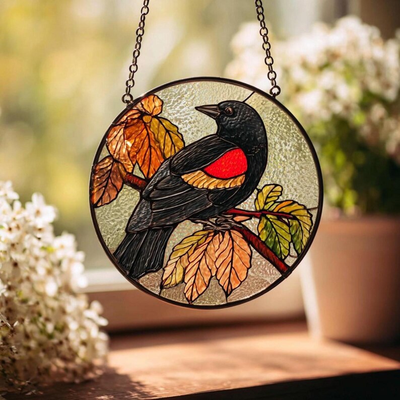 Window Covering Bird Protection Red Winged Blackbird Suncatcher: Bird Window Hanging, Bird Lover Window ...