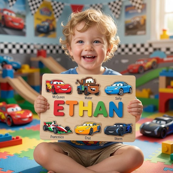 Lightning McQueen and Mater wooden name puzzle — hits the sweet spot of beloved IP, handcrafted wood, and a child's custom name all in one piece; 35 favorites backs it up.