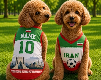 Iran Hund Fußball Trikot, benutzerdefinierte iranische Flagge Haustier Shirt, grün-weißes Fußball-Welpen-Outfit, personalisierte Sportfan-Kleidung, Haustier Geschenk