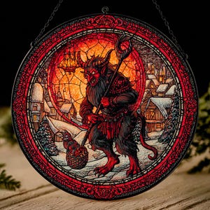 May include: Round stained glass window featuring a red devil-like figure with horns and a staff, set against a winter village scene. The artwork is framed in a decorative red border and includes a basket of apples.