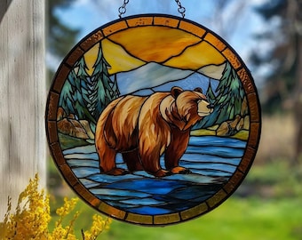 Atrapasueños de Montaña de Osos, Arte de vitral acrílico, Decoración rústica de cabaña, Paisaje de bosque, Regalo para papá, Regalo de naturaleza salvaje