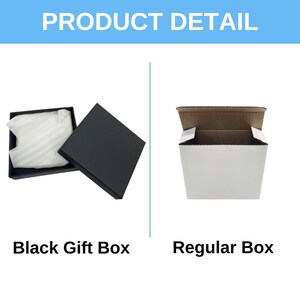 May include: Image showing two types of packaging. On the left, a black gift box with a lid, open to reveal white packing material. On the right, a white regular box with a brown interior. Text at the top reads "PRODUCT DETAIL".