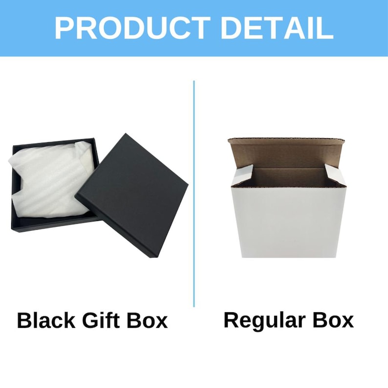 May include: Image showing two types of packaging. On the left, a black gift box with a lid, open to reveal white packing material. On the right, a white regular box with a brown interior. Text at the top reads "PRODUCT DETAIL".