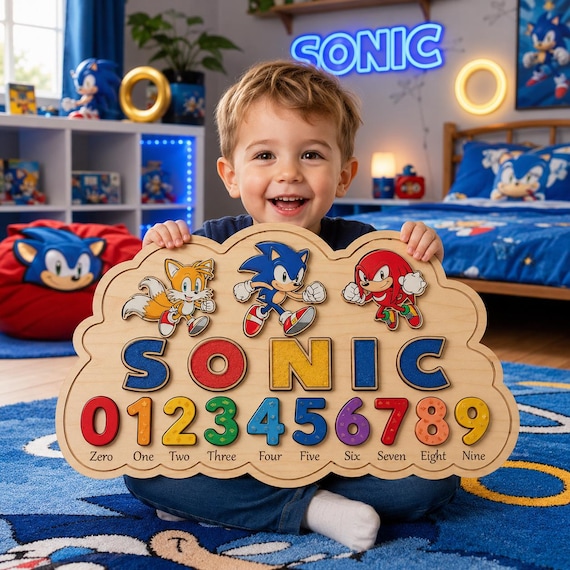 A wooden name puzzle where YOUR kid's name is spelled out in Sonic characters — Tails and Knuckles as actual puzzle pieces is a delightful mashup of gamer nostalgia and toddler toy.