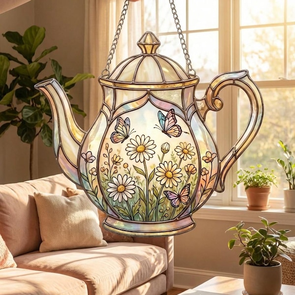Vintage Teapot Suncatcher, Daisy Flower and Butterfly, Cottagecore Kitchen Window Decor, Tea Lover Gift for Mom, Gift Tea Set, NOT GLASS