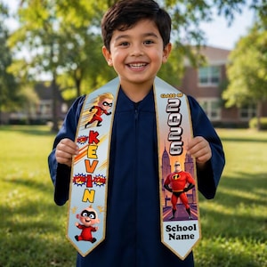 Estola de graduación personalizada de Los Increíbles para niños, banda de Mr. Increíble Dash de Disney Clase de 2026, regalo personalizado de graduación de preescolar y jardín de infantes