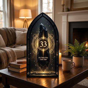 Puede incluir: Panel decorativo negro de estilo gótico con un cristal oscuro y el número "33" en dorado. El texto "For Those Who Come After" está debajo. El panel está sobre una mesa de madera con una taza y una planta en maceta.