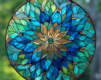 Blauwe groenblauw mandala suncatcher, glas-in-lood raamkunst, spiritueel huisdecor, meditatiecadeau, boho-glasornament voor haar, natuurlijk decor