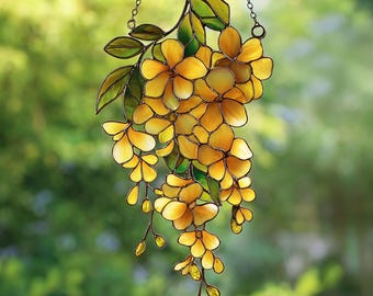Yellow Wisteria Acrylic Suncatcher, Golden Shower Flower, Cascading Floral Window Hanging, Faux Stained Acrylic, Gardener Gift for Mom