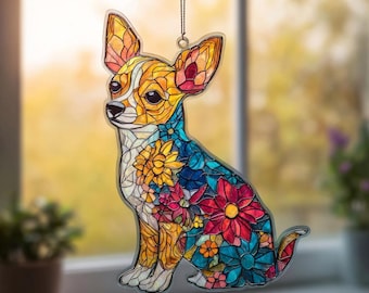 Floral Chihuahua Acrylic Suncatcher, Dog lover gift, Chi Mom Gift, Colorful Puppy Art, Pet Lover, Puppy Memorial Suncatcher, NOT GLASS