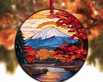 Mount Fuji - Honshu, Japan: Stained Glass Style Window Hanging