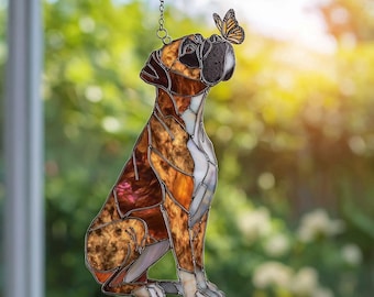 Boxer Dog ACRYLIC Suncatcher, Cute Dog with Butterfly, Mom Gift, Pet Memorial Ornament, Dog Lover Gift, Acrylic Wall Art, NOT GLASS