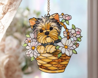 Yorkshire Terrier Wildflower Suncatcher, Yorkie raam hangende kunst, huisdier Memorial Art, hondenliefhebber cadeau, Yorkie moeder verjaardagscadeau, GEEN GLAS