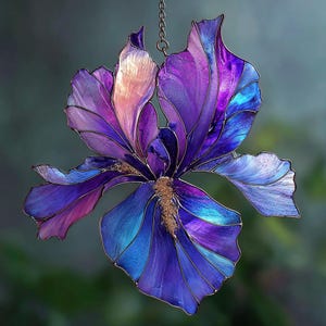 May include: A stained glass iris flower in shades of purple, blue, and pink, with gold-colored accents. The flower is suspended by a chain. The petals have a textured, iridescent quality, and the overall design is detailed and artistic.