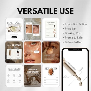 May include: A promotional graphic with the text "VERSATILE USE" at the top. The image features various skincare product advertisements, including "FLASH Sale," "NEW ARRIVALS," and "SERVICES." The image also includes a smartphone displaying serum ingredients.