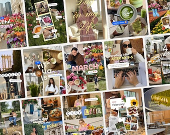 May include: A digital collage of multiple photographs featuring various lifestyle scenes, including city architecture, floral arrangements, food, beverages, and personal activities, with overlaid text elements and graphic stickers throughout.