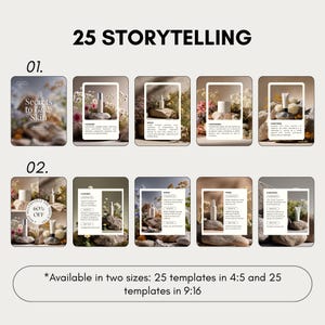 Może przedstawiać: Obraz promocyjny z tekstem "25 STORYTELLING" i "Secrets to Glow Skin". Obraz przedstawia szablony produkt&oacute;w do pielęgnacji sk&oacute;ry z tekstem i zdjęciami produkt&oacute;w. Widoczny jest r&oacute;wnież tekst "60% OFF". Dostępne w dw&oacute;ch rozmiarach: 4:5 i 9:16.