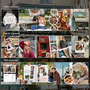 May include: A collage of photos and text arranged in a scrapbook style. The images include food, travel destinations, and people. Text includes "A Day in My Life", "THIS MONTH", "SO FAR...", "Scrapbook", and "Outfits".