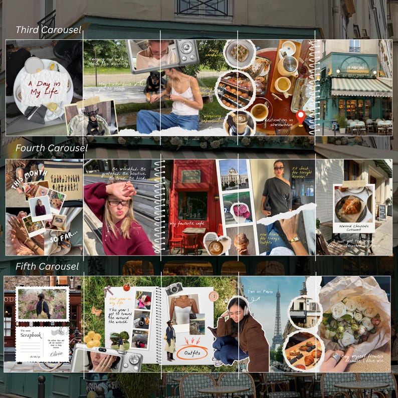 May include: A collage of photos and text arranged in a scrapbook style. The images include food, travel destinations, and people. Text includes "A Day in My Life", "THIS MONTH", "SO FAR...", "Scrapbook", and "Outfits".