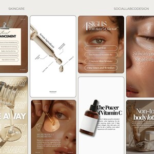 Puede incluir: Anuncio de productos para el cuidado de la piel. La imagen muestra un cuentagotas de suero, una lista de problemas de la piel y una botella de suero de vitamina C. El texto destaca los tratamientos faciales y los ingredientes del producto.
