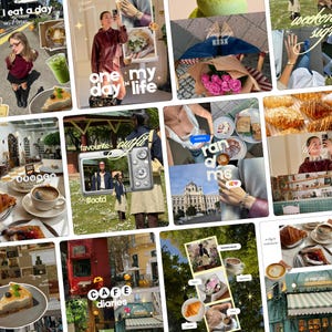 Puede incluir: Un collage digital que presenta múltiples instantáneas de estilo de vida, incluyendo una persona con una blusa burdeos, un ramo de rosas rosas, una cámara digital, una taza de café, un cruasán y vistas arquitectónicas con superposiciones de texto.
