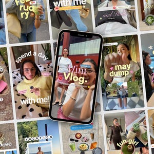 Puede incluir: Un teléfono inteligente que muestra un feed de redes sociales con múltiples miniaturas de video y varias superposiciones de texto, incluyendo Mini Vlog, day in my life y monthly highlights. La pantalla muestra una imagen central de una persona sonriendo.