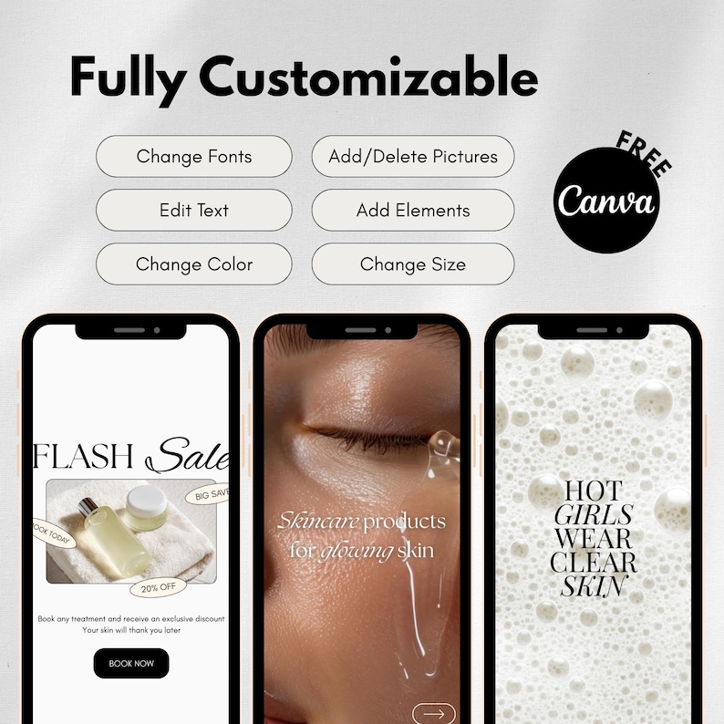 May include: A promotional image with the text "Fully Customizable" and options to change fonts, add pictures, edit text, add elements, change color, and change size. Three phone screens display skincare product promotions and the Canva logo.