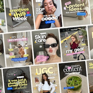 Op de afbeelding: Een collage van social media graphics met diverse lifestyle en professionele content. De afbeeldingen tonen tekstoverlays, fotografie van personen, huidverzorgingsroutines, matcha drankjes en tips voor digitale marketing voor creators.