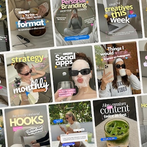 Op de afbeelding: Een digitale collage van twaalf social media post-sjablonen met diverse lifestyle-afbeeldingen, waaronder mensen die smartphones en laptops gebruiken of drankjes vasthouden, bedekt met dikke typografie en tekstvakken voor tips.
