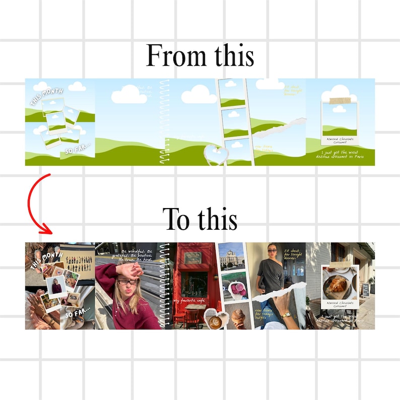 May include: A digital scrapbook design with the text "From this" and "To this". The top section features a landscape with clouds and photo frames. The bottom section displays photos, text, and a spiral notebook.