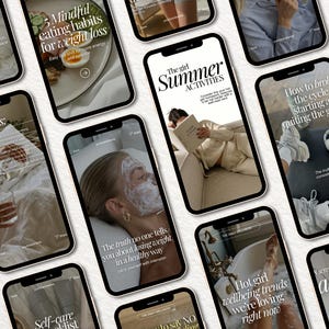 May include: A collection of smartphones displaying various social media posts with lifestyle imagery and text overlays including titles like The girl Summer ACTIVITIES, Daily goals, and Mindful eating habits for weight loss.