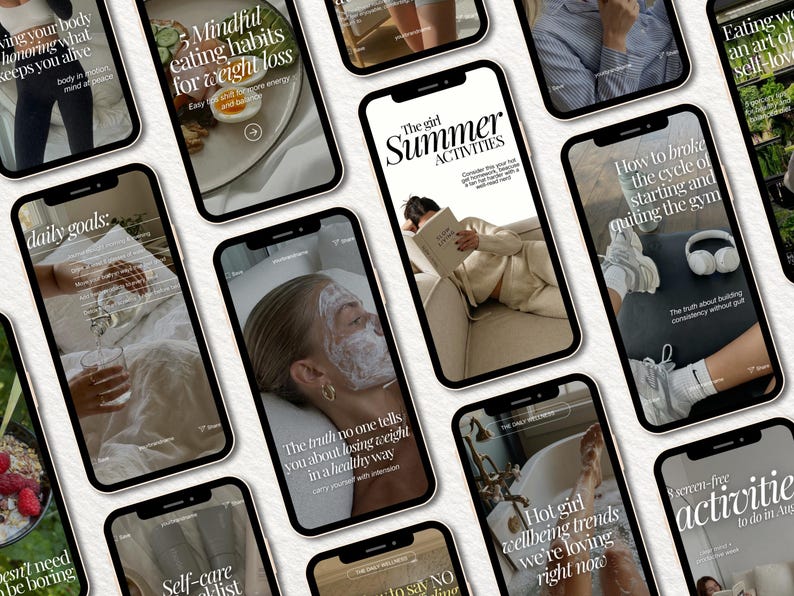 May include: A collection of smartphones displaying various social media posts with lifestyle imagery and text overlays including titles like The girl Summer ACTIVITIES, Daily goals, and Mindful eating habits for weight loss.