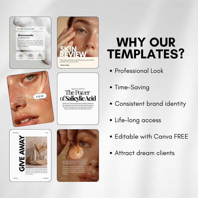 May include: A promotional image featuring skincare-related templates. The image includes text overlays with phrases like "Skin Review" and "The Power of Salicylic Acid." The text "GIVE AWAY" is also visible. The image promotes templates with a professional look.