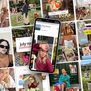 Puede incluir: Un teléfono inteligente que muestra una interfaz de selección de fotos sobre un collage de varias imágenes de estilo de vida, incluyendo retratos, escenas de naturaleza y elementos de interfaz digital con textos como My Current Aesthetic y July Rec.