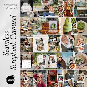 May include: A digital scrapbook layout with multiple images and text elements. The design includes the words "5 Instagram Carousels," "Seamless Scrapbook Carousel," and "FREE Canva." The images depict food, travel, and everyday life scenes, arranged in a collage.