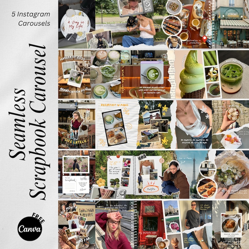 May include: A collage of images arranged in a scrapbook style, featuring various lifestyle photos and text. The text includes "5 Instagram Carousels," "Seamless Scrapbook Carousel," and "FREE Canva." The images showcase food, travel, and daily life moments.