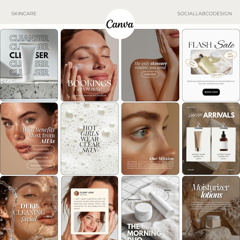 Puede incluir: Anuncio de cuidado de la piel con im&aacute;genes y texto. Im&aacute;genes: tubo de limpiador, mujer aplicando producto y botellas de producto. Texto: "Bookings open now", "Hot girls wear clear skin" y "Flash Sale" con un 20% de descuento.