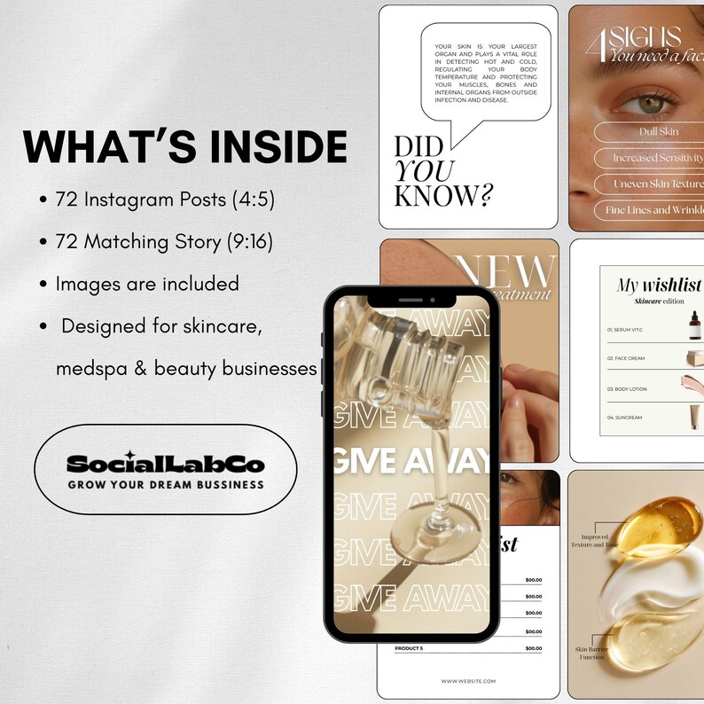 May include: A promotional image for skincare and beauty businesses. It includes a phone displaying a giveaway, a skincare wishlist, and text that says "What's Inside" with details about Instagram posts and stories. The SocialLabCo logo is also visible.