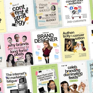 Peut inclure: Une grille de modèles de réseaux sociaux pour le marketing numérique présentant une typographie audacieuse, des graphiques de style collage, des photos de personnes, des icônes informatiques et divers textes marketing sur des fonds quadrillés clairs.