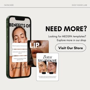 Puede incluir: Un tel&eacute;fono inteligente muestra informaci&oacute;n sobre el cuidado de la piel, incluyendo los beneficios de los peelings qu&iacute;micos, los rellenos labiales y los tratamientos con Botox. Se incluye el texto "NEED MORE?" y "Visit Our Store."