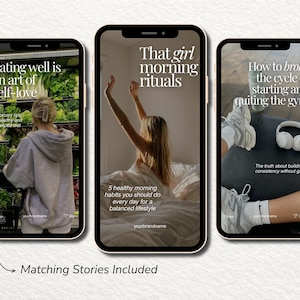 May include: Three smartphone screens displaying social media story templates with text overlays. The left screen shows a person in a grocery store, the center shows a person stretching in bed, and the right shows athletic shoes and headphones.