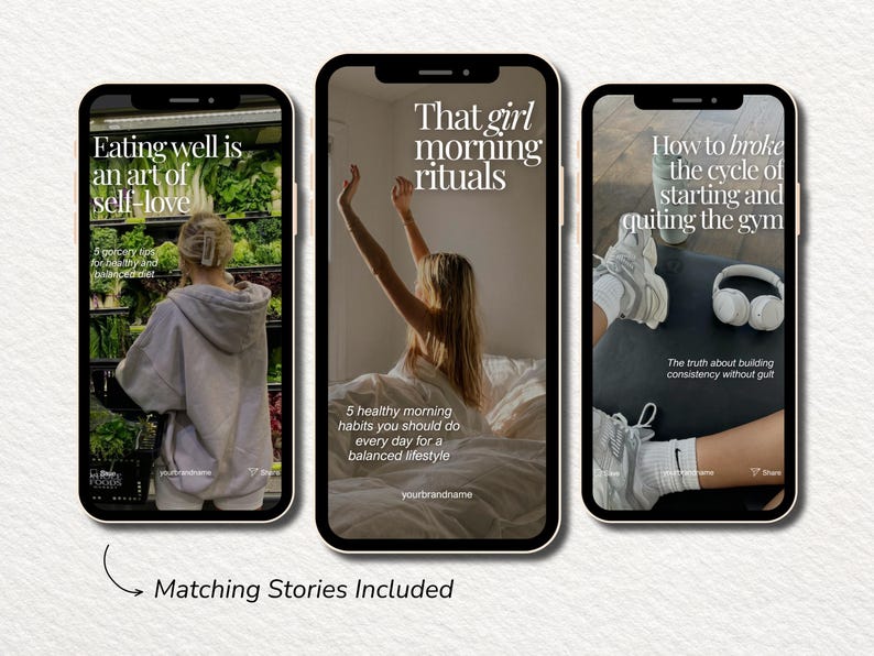 May include: Three smartphone screens displaying social media story templates with text overlays. The left screen shows a person in a grocery store, the center shows a person stretching in bed, and the right shows athletic shoes and headphones.