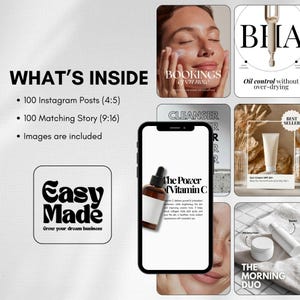 May include: A promotional image featuring beauty product mockups and a smartphone displaying a Vitamin C serum bottle. The image includes text: "WHAT'S INSIDE", "BOOKINGS open now", "CLEANSER", "BHA", "Oil control without over-drying", "BEST SELLER", "The Power of Vitamin C", "Moisturizer", and "THE MORNING DUO".