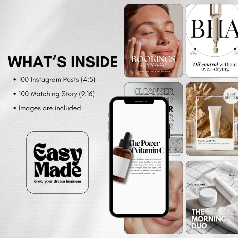 May include: A promotional image featuring beauty product mockups and a smartphone displaying a Vitamin C serum bottle. The image includes text: "WHAT'S INSIDE", "BOOKINGS open now", "CLEANSER", "BHA", "Oil control without over-drying", "BEST SELLER", "The Power of Vitamin C", "Moisturizer", and "THE MORNING DUO".
