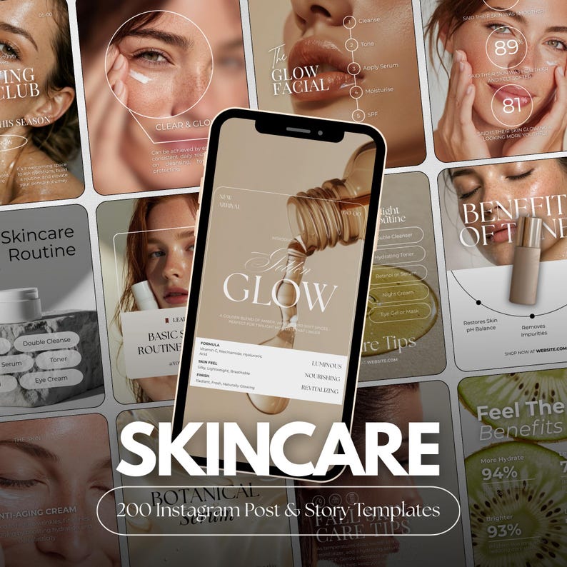 May include: A collage of skincare-themed Instagram post templates. The central image is a phone screen displaying a skincare product with the text "The Glow." Surrounding images showcase skincare routines and facial treatments.