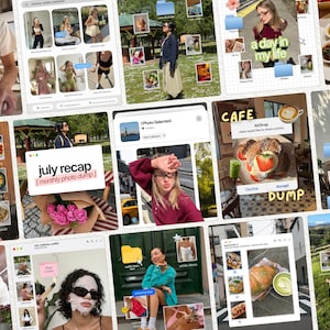 May include: A digital collage featuring multiple social media style photo frames, text overlays like 'july recap' and 'my current aesthetic', various food images, lifestyle portraits, and computer interface elements like folders and AirDrop notifications.