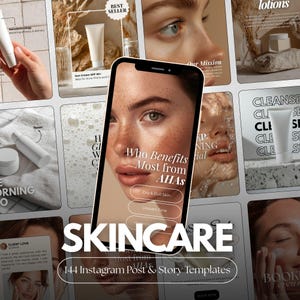 May include: A promotional image for skincare products, featuring a smartphone displaying a woman's face with freckles. The image includes text: "SKINCARE" and "144 Instagram Post & Story Templates." Additional product shots are visible.